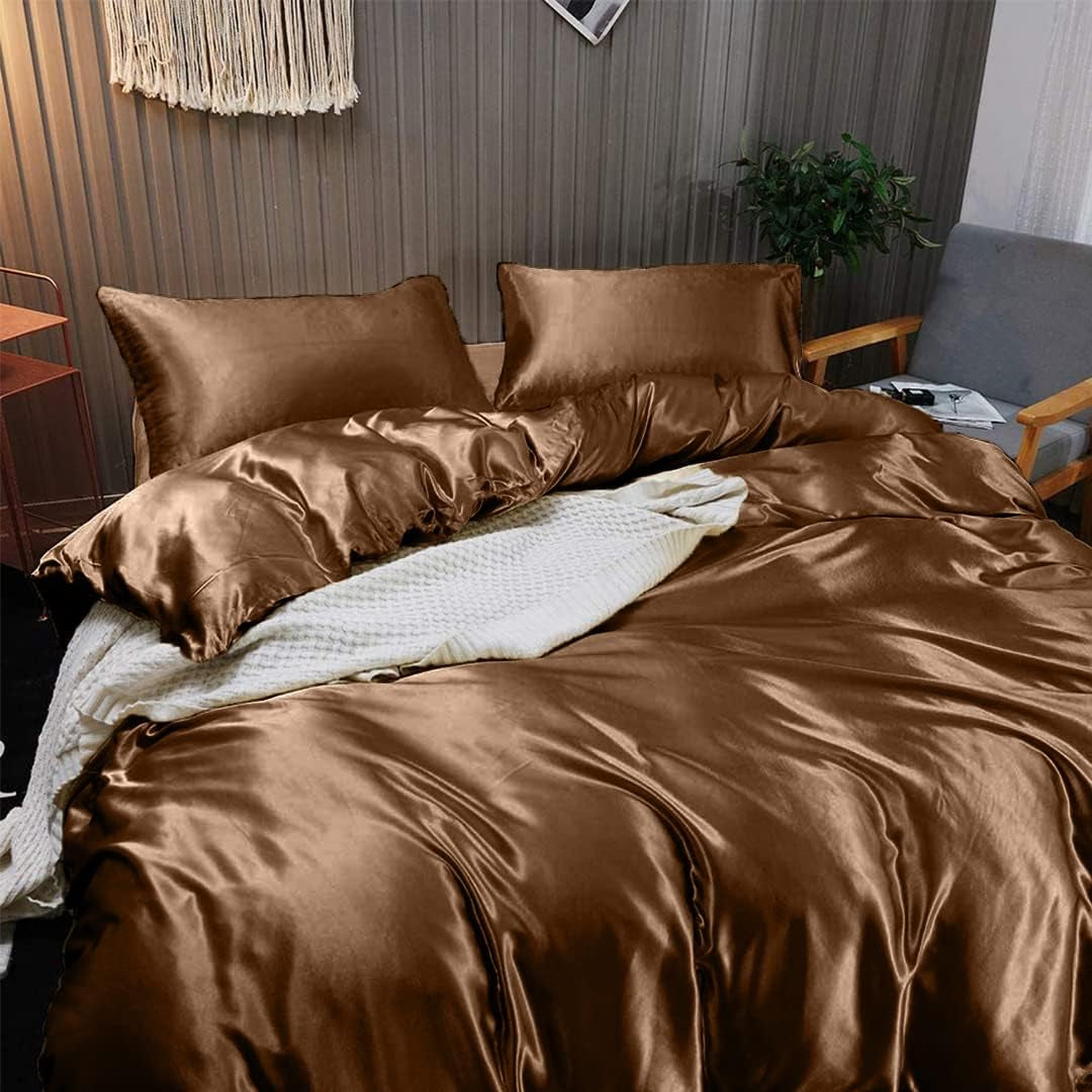 Silk Satin Sheet Set 7 Pcs Silky Texture Luxurious , Royal Look Silky Sheet Combo Set 1 Flat Sheet 1 Fitted Sheet 1 Duvet Cover 4 Pillowcases!| Brown/Cal-King