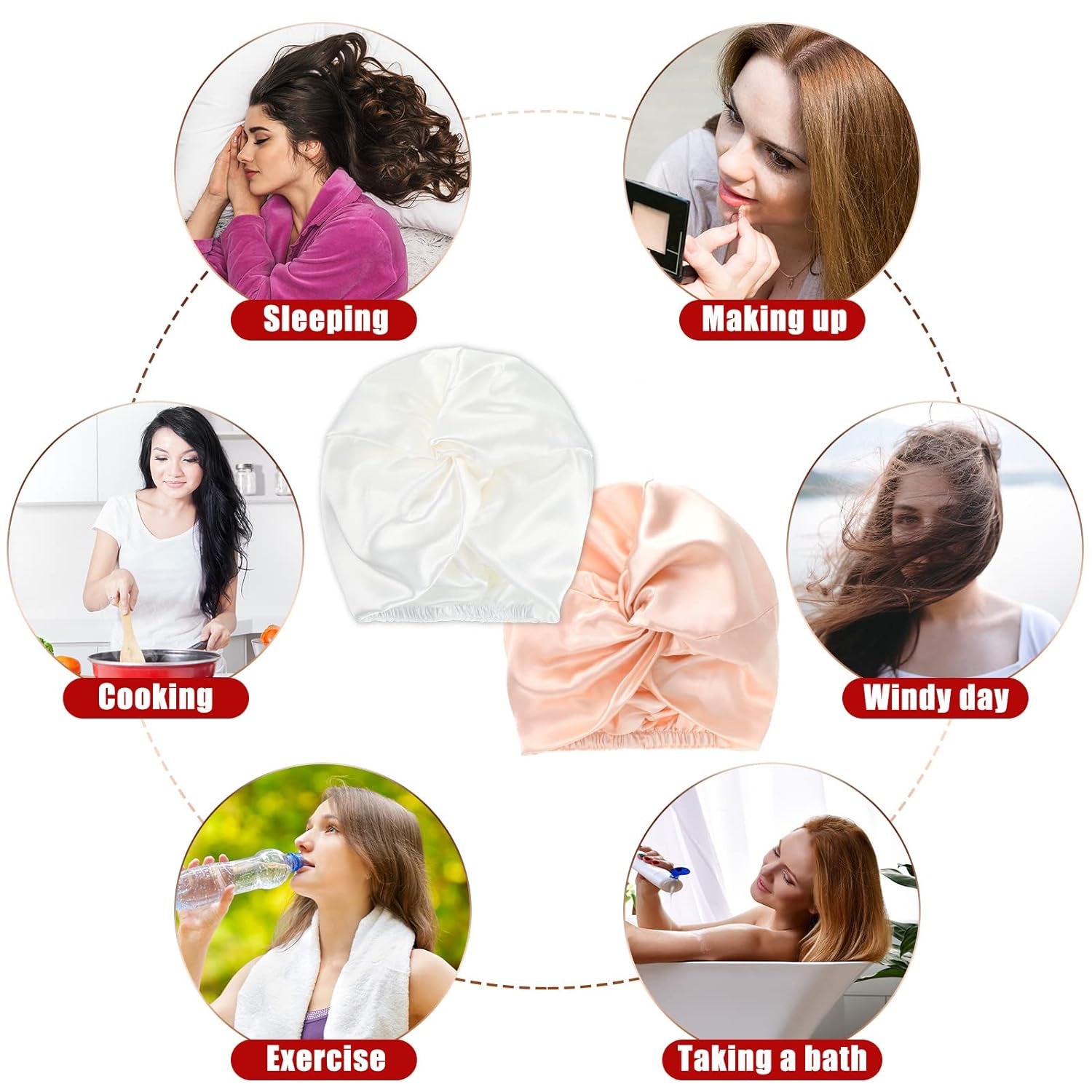 6 Pcs Reusable Large Silk Bonnet and Silk Scrunchies Set for Women'S Hair Care and Sleeping (Pink, White, Rose Gold)