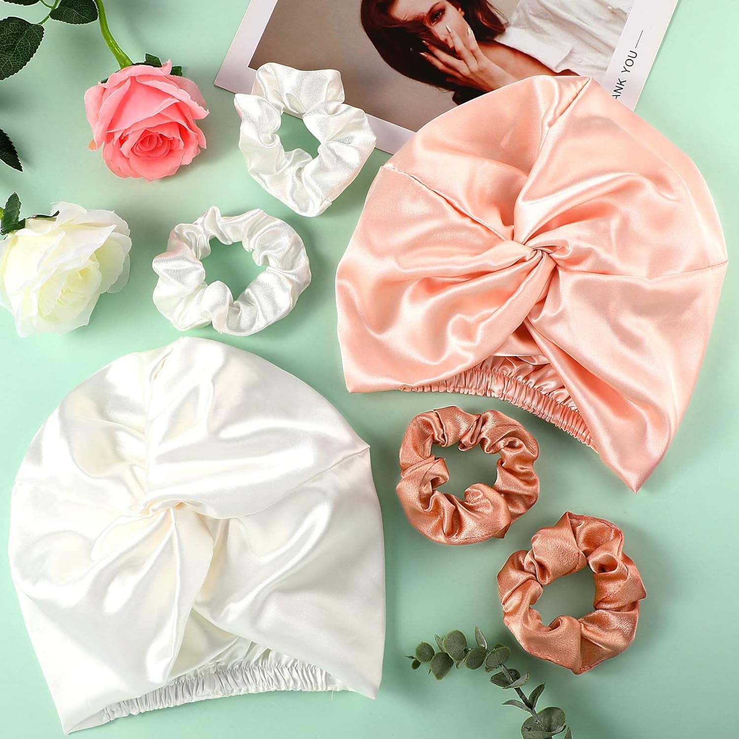 6 Pcs Reusable Large Silk Bonnet and Silk Scrunchies Set for Women'S Hair Care and Sleeping (Pink, White, Rose Gold)