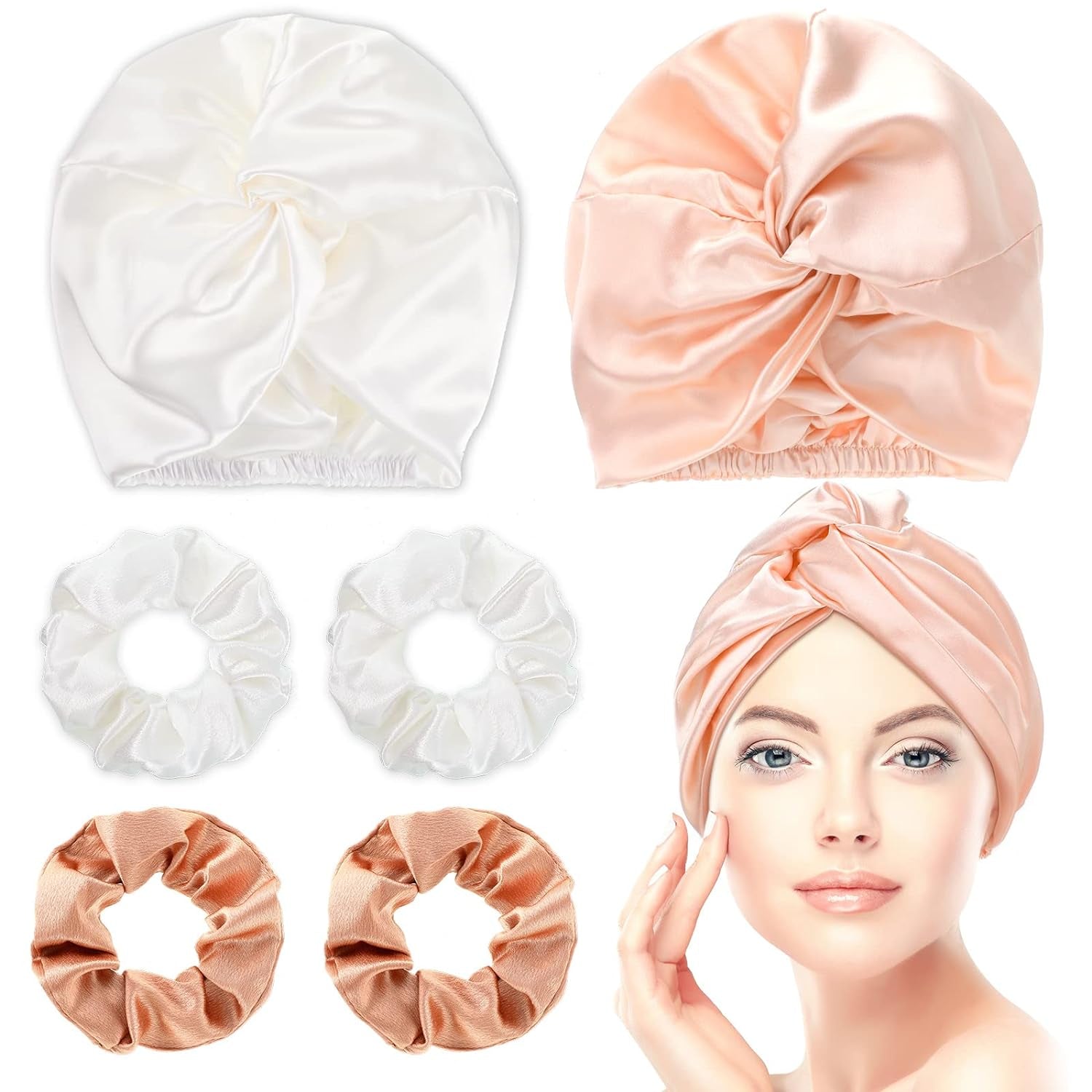 6 Pcs Reusable Large Silk Bonnet and Silk Scrunchies Set for Women'S Hair Care and Sleeping (Pink, White, Rose Gold)