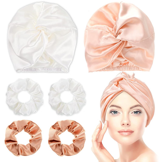 6 Pcs Reusable Large Silk Bonnet and Silk Scrunchies Set for Women'S Hair Care and Sleeping (Pink, White, Rose Gold)